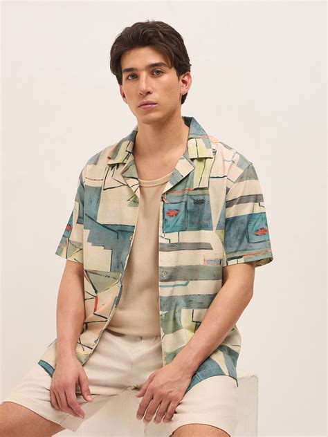 Shop Multicolor Relaxed Fit Cuban Collar Shirt with Abstract Geometric ...