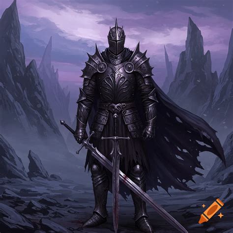 A fantasy character in dark armor and red cape stands in a rocky ...