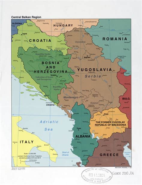 Large detailed political map of Central Balkan Region with marks of capitals, large cities and ...
