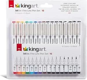 KINGART 436-16 Inkline Fine Line Pen Set (Mixed Point Sizes/Colors and ...