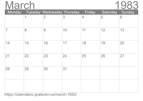 Calendar March 1983 from United States of America in English ☑️ ...