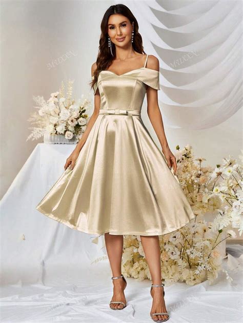 MUXXN Vintage 1950's Cold Shoulder Satin A-Line Bridesmaid Dress ...
