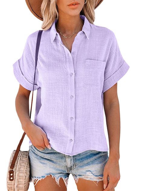 Summer Button Up Shirts for Women Casual Short Sleeve Plain Lapel Neck ...