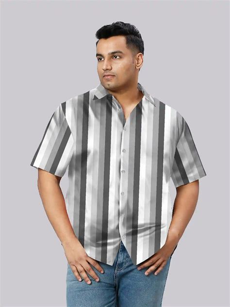 Buy Grey Stripe Cotton Linen Plus Size Half Sleeve Shirt | Guniaa