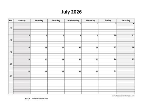 July 2026 Calendar Free Printable with grid lines designed (horizontal) | Free-calendar-template.com
