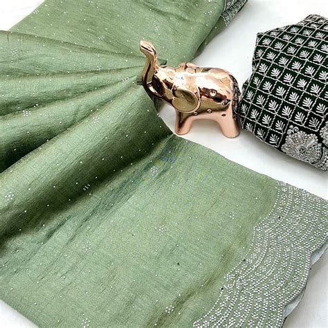 Green Shimmering Swarovski Embroidered Vichitra Silk Saree