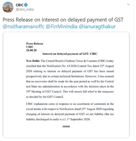 CBIC Clarification on Interest on delayed payment of GST