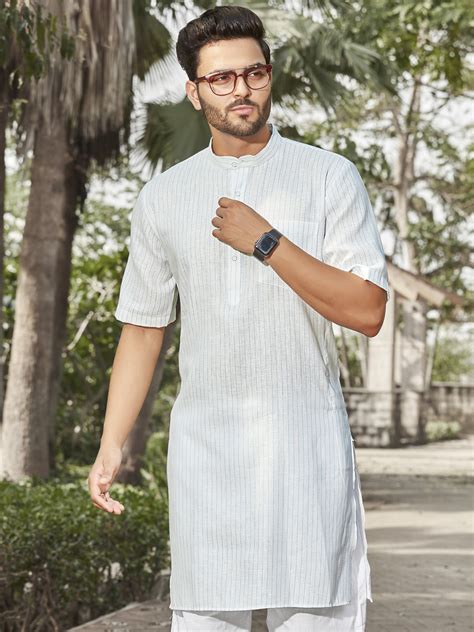 Classic Cotton Linen Slub Striped Modi Kurta, Half sleeve, White, Regu ...