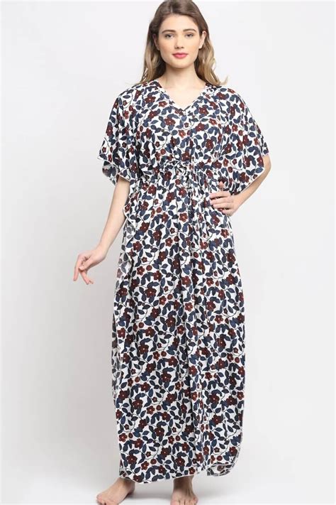 Kaftan Dress - White & Blue Rayon Floral Print | Claura