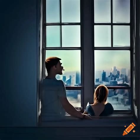 Attractive couple looking out of a transport window at a romantic cityscape on Craiyon