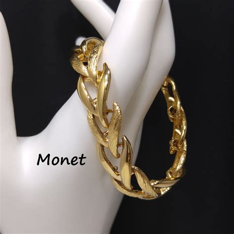 Monet Gold Plated Bracelet Textured & Smooth Links 1960s - Etsy
