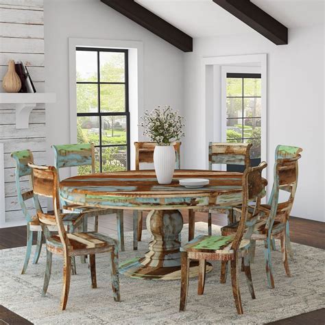 Wilmington Rustic Reclaimed Wood Round Dining Table Chair Set