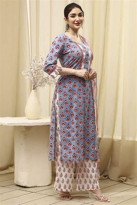 Buy Slate Blue Cotton Hand Block Print Unstitched Suit Set Online at ...