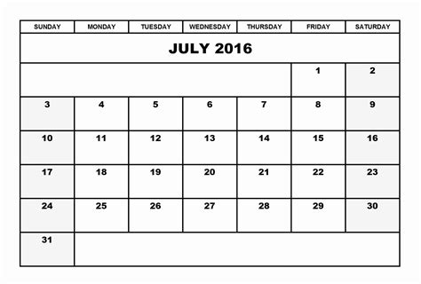 Blank Calendar Template 2016 Luxury July 2016 Calendar Landscape ...