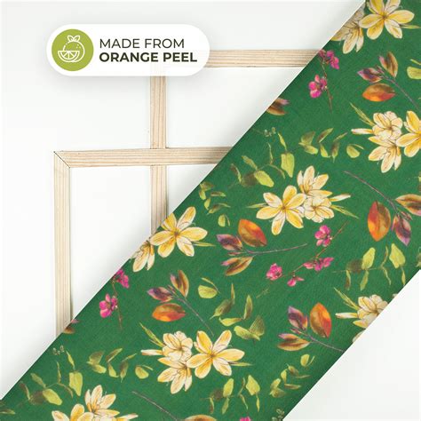Dark Green Floral Printed Sustainable Orange Fabric – Fabcurate