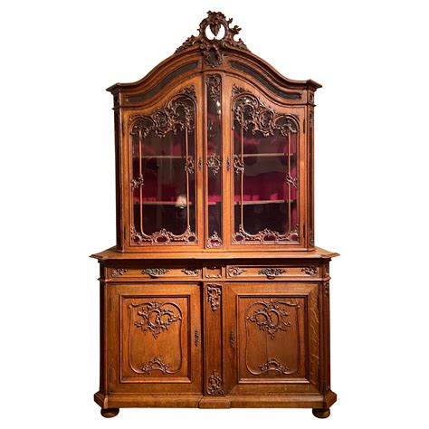 Antique English Elizabethan Carved Oak Cabinet with Lead Glass Doors ...