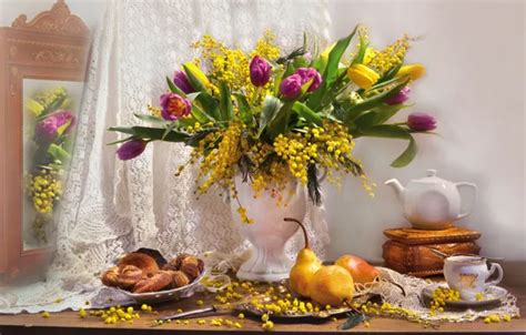 Wallpaper flowers, kettle, mirror, tulips, box, vase, fruit, still life ...