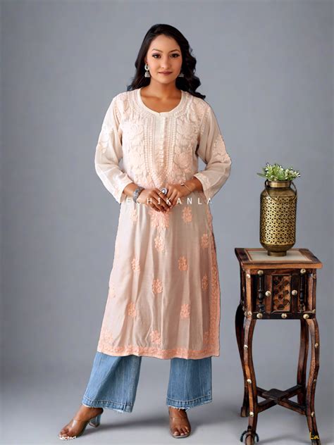 Peach Muslin Chikankari Straight Kurta