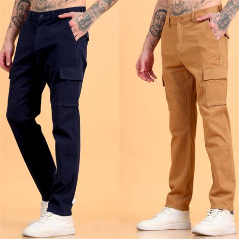 Men 2 Cotton Regular Fit Cargo Trousers, NAVY BLUE KHAKHI – FABFASHION4U