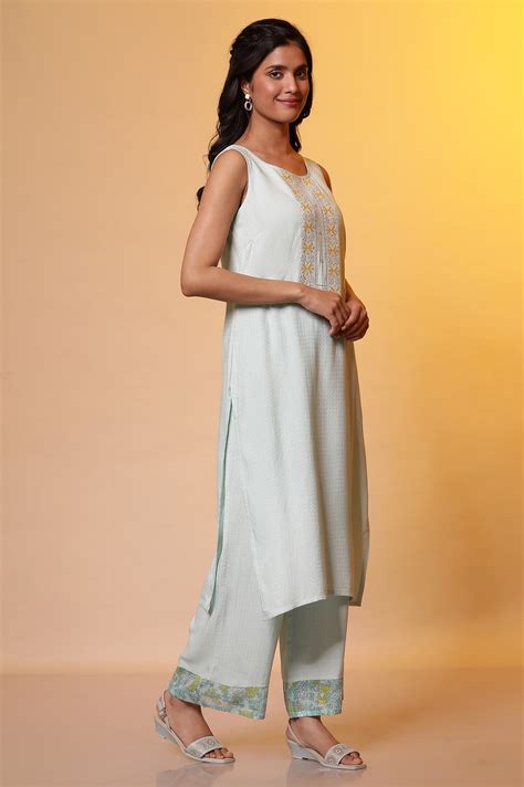 Buy Mint Blue Embroidered Sleeveless Kurta, Palazzo and Dupatta Online ...