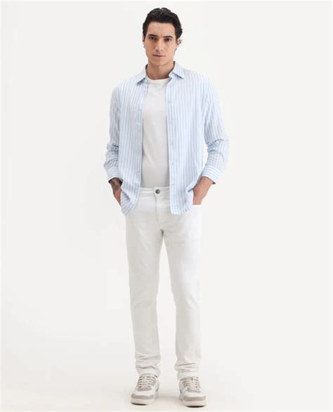 Rare Rabbit Men's Astred White Cotton Plain Hawk Slim Fit Jeans