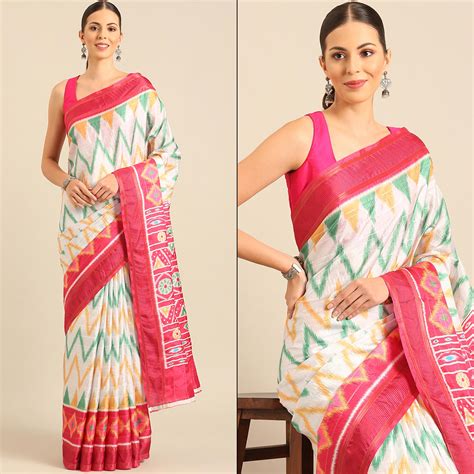 White Digital Patola Printed Cotton Blend Saree