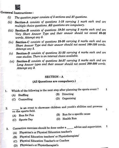 CBSE Class 12th Physical Education Question Paper 2026, Download SET ...