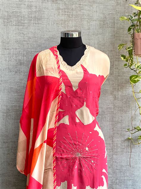Beige and Pink Satin Silk with Digital Print – Aanchal Designs