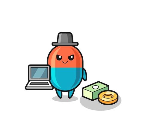 Maskottchen-Illustration der Kapsel als Hacker-niedliches Design für T ...