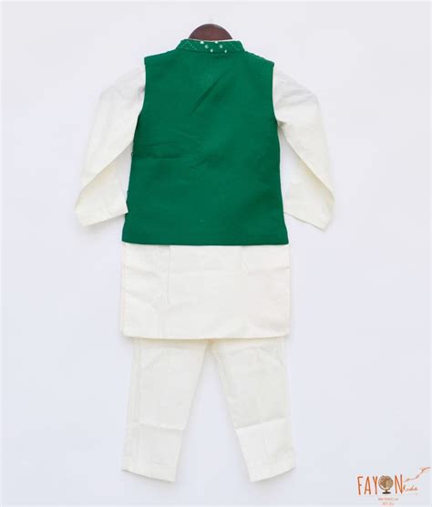 Buy Green Embroidery Nehru Jacket Off White Kurta Pant for Boys – FayonKids
