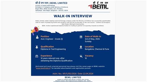 BEML Hiring Tooling Engineers 2026: Walk-in Interview in Bengaluru ...