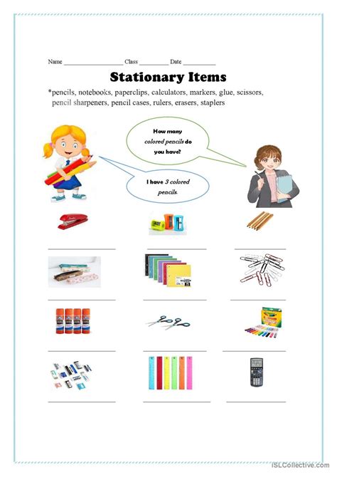 Stationary items- how many colored p…: English ESL worksheets pdf & doc