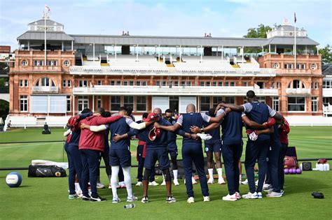 The West Indies huddle up ahead of a training session at Lord's ...