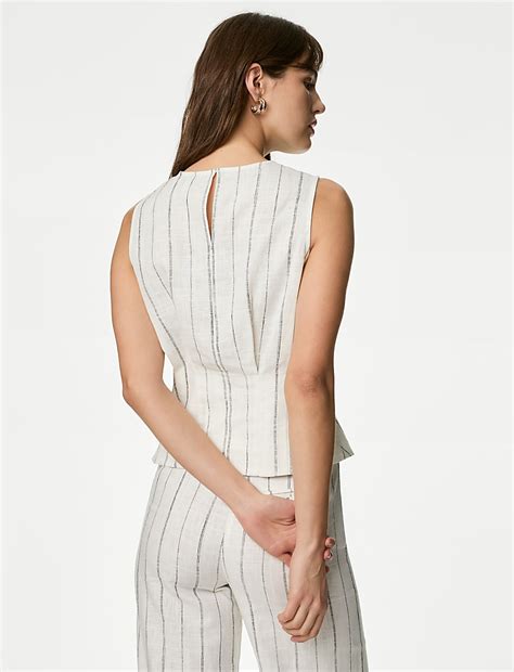 Buy Linen Blend Striped Round Neck Blouse at Marks & Spencer