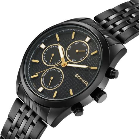 Buy Online Sonata Magna Quartz Multifunction Black Dial Black Stainless ...