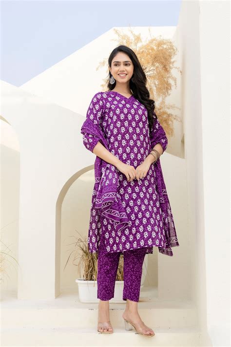 Royal Purple Cotton Printed Kurta Set with Dupatta Me & My – Me&My