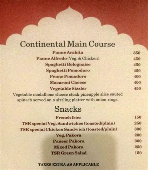 Menu at The Silk Route, Agra