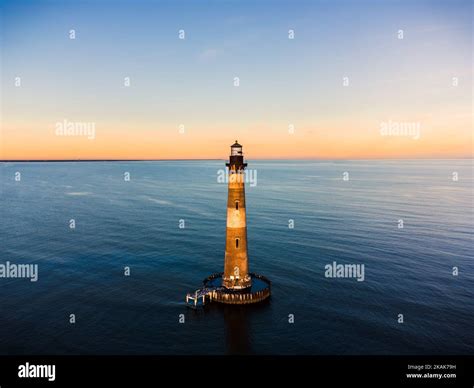 An aerial view of the historic Morris Island Light lighthouse on Morris ...