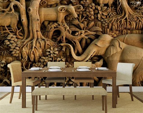 Wooden Art wallpaper, Jungle Animals 3D Wall Mural – Home Decoram