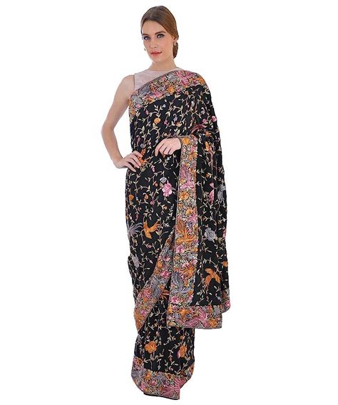 Buy Masterpiece Black Parsi Gara Hand Embroidered Pure Crepe Saree at ...