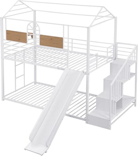 Buy SOFTSEA Metal Bunk Bed Twin Over Twin House Bed with Slide and ...