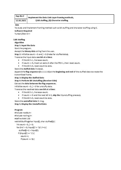 Exp.No:2 Data Link Layer Framing Methods: Bit & Character Stuffing ...