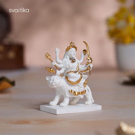 Exquisite White & Gold Sherawali Mata Murti (3.5 inch)