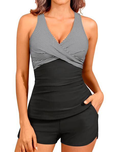 Women Black Stripe Tankini Swimsuits with Shorts - Two Piece Tummy ...
