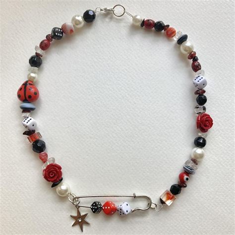 Handmade Red and Black Beaded Dice Safety Pin Necklace