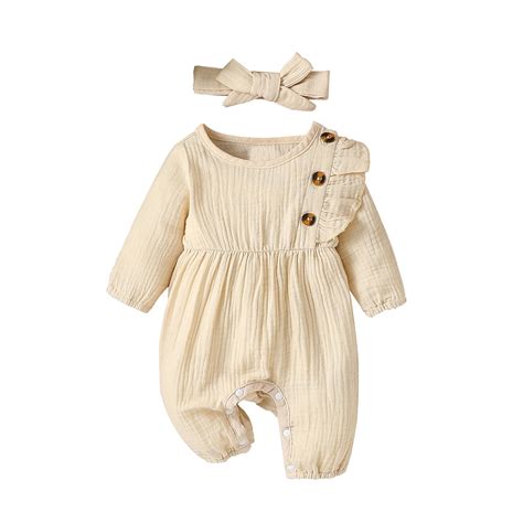 Biekopu Infant Girl Rompers Solid Color Ruffles Buttons Crew Neck Long ...