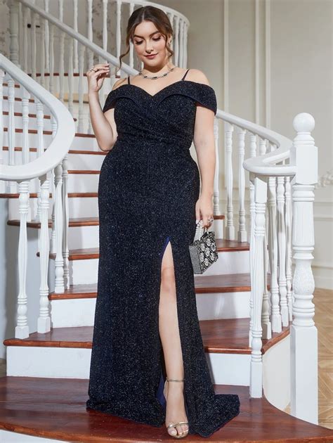 SHEIN Belle Plus Cold Shoulder Split Thigh Sequin Formal Dress | SHEIN USA