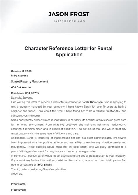 Free Character Reference Letter for Rental Application Template to Edit ...