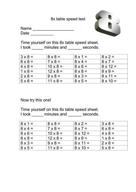 Image result for 8 Times Table Worksheet PDF
