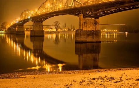 Wallpaper night, bridge, lights, river, lights, Gran, Hungary for ...